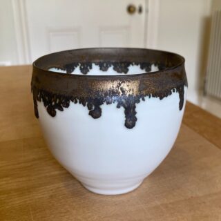 Bronze glaze test, this one’s a bit runny. Fired in an electric kiln to cone 8. Recipe from my book Special Effect Glazes.