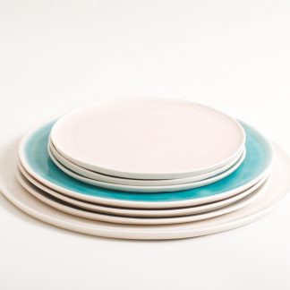 handmade porcelain- tableware- dinnerware- plate- dining- grey- pink- turquoise- white platter