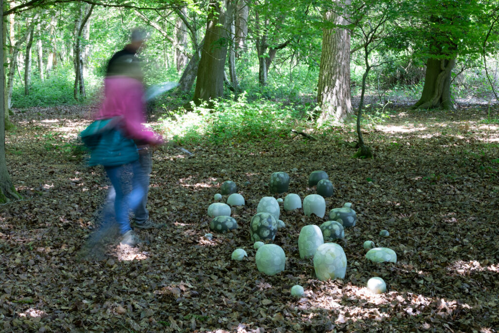 Ceramic art lichen-glazed sculptural forms made by Linda Bloomfield at Pathways Art Trail